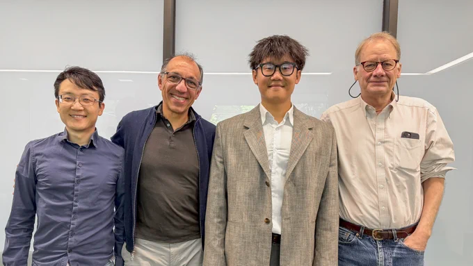 Photo of Yen-Chen Tsui for his FPO; along with Professors: Ali Yazdani, Biao Lian, and Lyman Page.