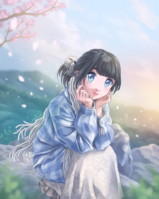 A girl in a blue winter outfit with a scarf, standing on a high mountain in Japan, surrounded by falling cherry blossoms and natural mountain scenery. Created by Jocatchstar