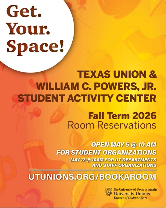 Vibrant fall background colors with text describing Fall reservations opening on May 5, 2026 at 10AM for University Unions spaces.
