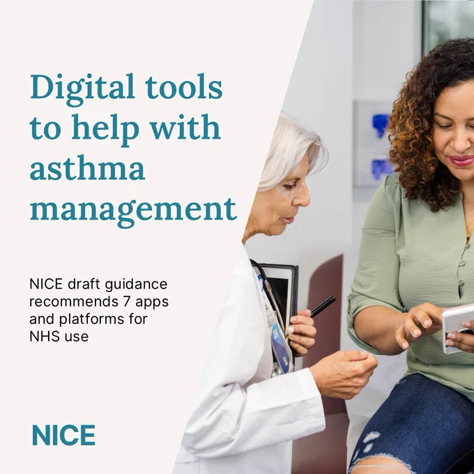 Graphic showing GP in conversation with patient as they look at app on a mobile phone. Overlaid text reads: Digital tools to help with asthma management - NICE draft guidance recommends 7 apps and platforms for NHS use. 