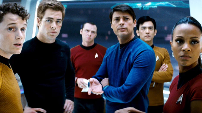 Chekov, Kirk, Scotty, Bones, Sulu and Uhura on the Enterprise bridge from Star Trek 2009
