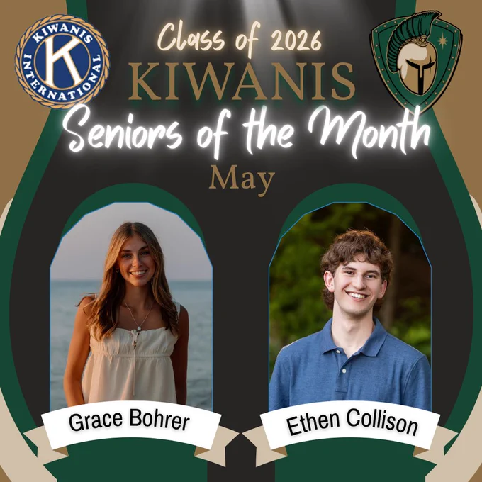 Poster with a dark background displaying the names and photos of two students, Grace Bohrer and Ethen Collison.