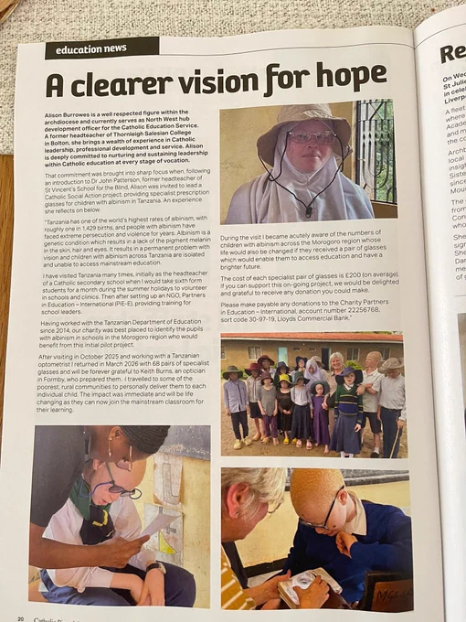 Image of article by Catholic pictoral sharing children with albinism receiving prescription sunglasses