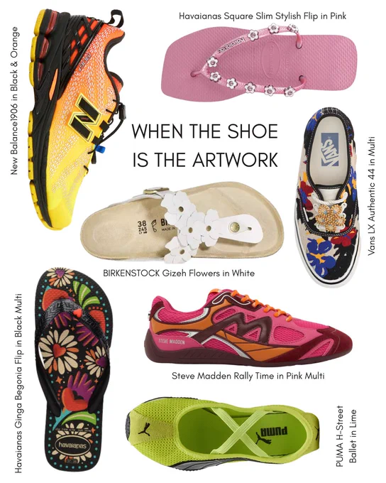 An image of multiple shoes by New Balance, Havaianas, BIRKENSTOCK, Vans, Steve Madden and PUMA sitting on a white background surrounding black text that says "When the shoe is the artwork".