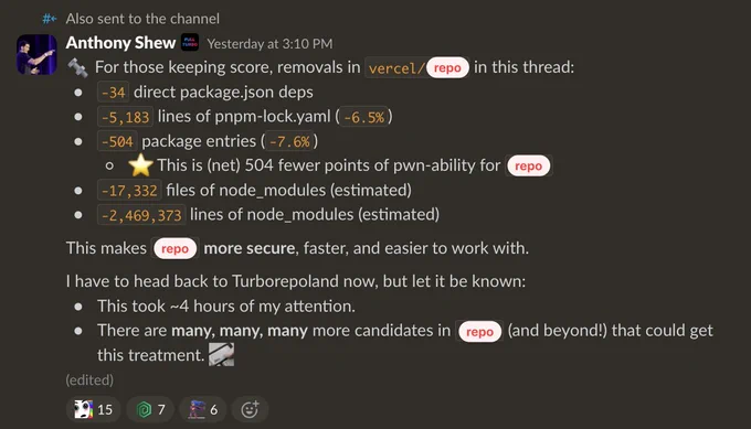 :quality-intensifies: For those keeping score, removals in vercel/<repo> in this thread:

-34 direct package.json deps
-5,183 lines of pnpm-lock.yaml (-6.5%)
-504 package entries (-7.6%)
  - :star: This is (net) 504 fewer points of pwn-ability for <repo>
-17,332 files of node_modules (estimated)
-2,469,373 lines of node_modules (estimated)

This makes <repo> more secure, faster, and easier to work with.

I have to head back to Turborepoland now, but let it be known:
- This took ~4 hours of my attention.
- There are many, many, many more candidates in <repo> (and beyond!) that could get this treatment. :delete-this: