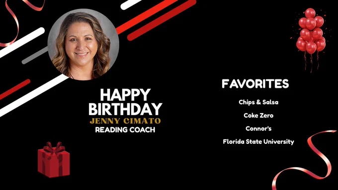 HAPPY BIRTHDAY, JENNY CIMATO. FAVORITES:
Chips & Salsa

Coke Zero

Connor's

Florida State University