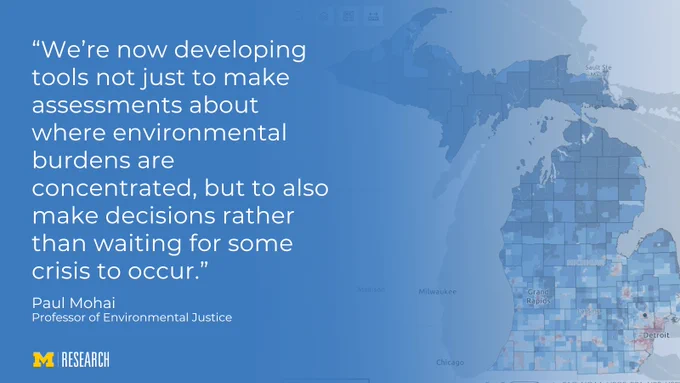 text: “We’re now developing tools not just to make assessments about where environmental burdens are concentrated, but to also make decisions rather than waiting for some crisis to occur.”
Paul Mohai, Professor of Environmental Justice
A screenshot of Michigan’s MiEJScreen tool showing Michigan in various shades of blue and pink to indicate cumulative environmental impacts