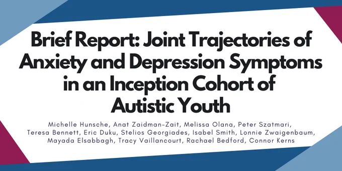 The publication title is Brief Report: Joint Trajectories of Anxiety and Depression Symptoms in an Inception Cohort of Autistic Youth. The study authors include Michelle Hunsche, Anat Zaidman-Zait, Melissa Olana, Peter Szatmari, Teresa Bennett, Eric Duku, Stelios Georgiades, Isabel Smith, Lonnie Zwaigenbaum, Mayada Elsabbagh, Tracy Vaillancourt, Rachael Bedford, and Connor Kerns.