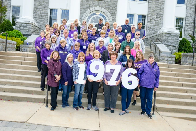 Alums from the class of 1976 pose for a photo on the steps of Wilson Hall. 4 alums at the bottom of the stairs hold up large cut outs of the numbers “1-9-7-6”.