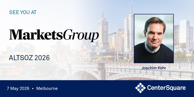 Promotional banner for MarketsGroup ALTSOZ 2026 event. Background shows a city skyline and bridge, likely Melbourne. Text reads “See you at MarketsGroup” and “ALTSOZ 2026.” On the right is a headshot of a man labeled Joachim Kehr, wearing a dark sweater over a collared shirt. Bottom text reads “7 May 2026 • Melbourne” alongside the CenterSquare logo.