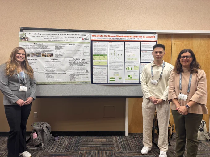 TechSAge team members Megan Nickrent, Shuoning (Stone) Shi, and Laura Rice presenting work at poster session for RESNA 2026.