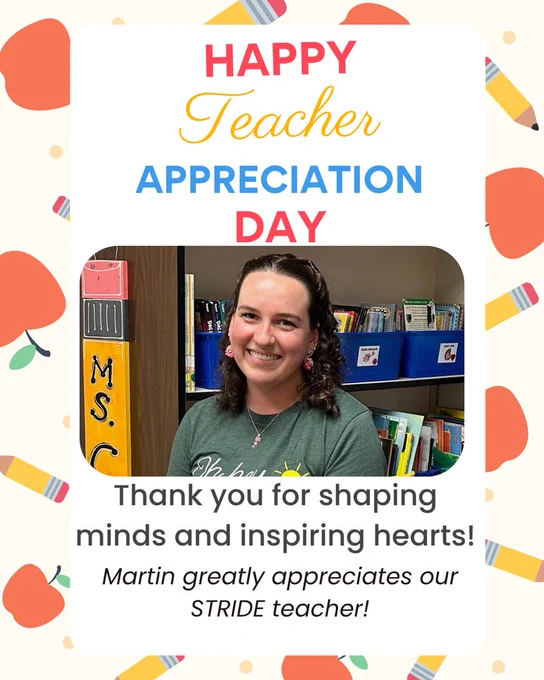 Poster with a teacher smiling, surrounded by pencils, apples, and books, with a message: "Happy Teacher Appreciation Day."