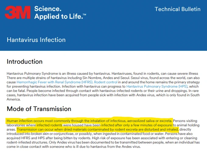 Mode of Transmission
Human infection occurs most commonly through the inhalation of infectious, aerosolized saliva or excreta. Persons visiting
laboratories where infected rodents were housed have been infected after only a few minutes of exposure to animal holding
areas. Transmission can occur when dried materials contaminated by rodent excreta are disturbed and inhaled, directly
introduced into broken skin or conjunctivae, or possibly, when ingested in contaminated food or water. Persons have also
acquired HFRS and HPS after being bitten by rodents. High risk of exposure has been associated with entering or cleaning
rodent-infested structures. Only Andes virus has been documented to be transmitted between people, when an individual has
come in close contact with someone who is ill due to hantavirus from the Andes virus.