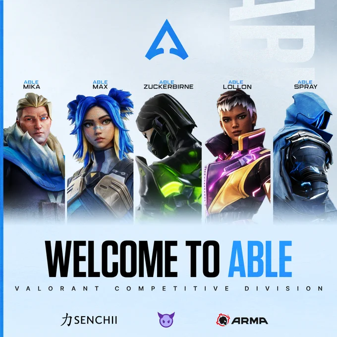 ABLE Esports Valorant Main Team announcement post. 
ABLE Mika, ABLE Max, ABLE Zuckerbirne, ABLE LOLLON, ABLE Spray, first Valorant Team since 2024. Partnered mit Senchii Performance, Meta Modz & ArmaGG.