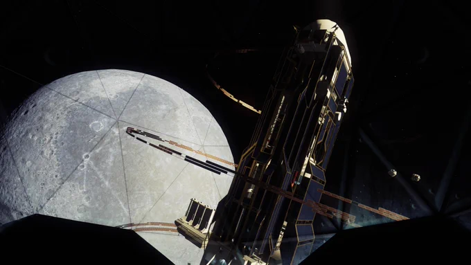 A first-person screenshot from Prey. The player is wearing a space suit with black borders around a visor made up of overlapping triangular glass panes. In front of them, the rectangular shape of the Talos 1 space station hangs in space. Constructed from black and gold metal, the station is encircled by three wide rings of solar panels. Behind Talos 1 is the pockmarked white orb of the Moon.