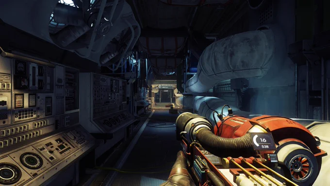 A first-person screenshot from Prey. The player is holding the GLOO cannon and looking down a long maintenance corridor, with computer consoles to the left, large pips to the right and vents in the ceiling. The space is well-lit but still seems dingy and ominous.