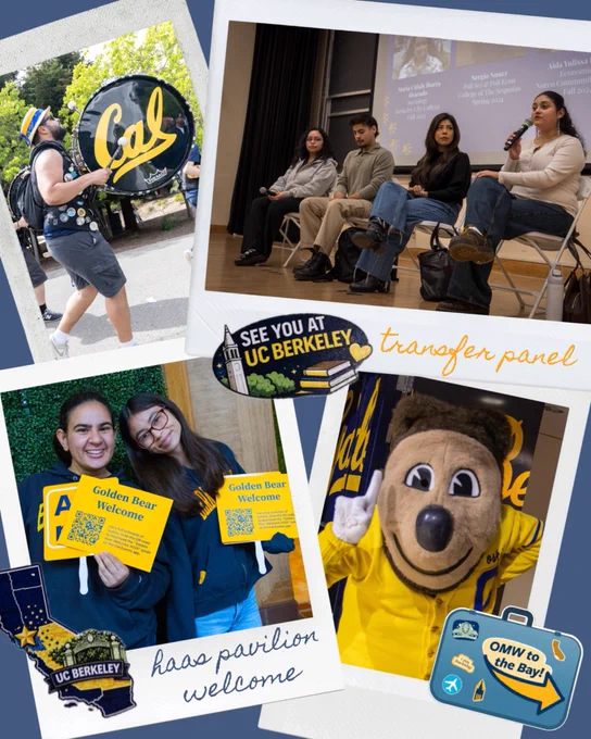 A collage of images featuring graphics and polaroid elements highlighting Golden Bear Welcome. The images feature Oski, student advisors, a Cal Band drummer and a student panel.