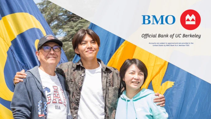 An image of a new student and their family standing in front of two blue and gold Cal flags with a graphic of the BMO logo in the top that states that BMO is the official bank of UC Berkeley.
