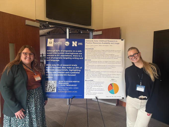 Jessica Rehtus and Taylyn Petsche, research assistants with Nebraska MTSS, stand with their research poster titled "Statewide Early Childhood Research-to-Practice Resources Availability and Usage."