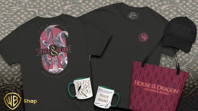 Merch for the new season of House of the Dragon with a t shirt, hat, tote bag, and mugs.