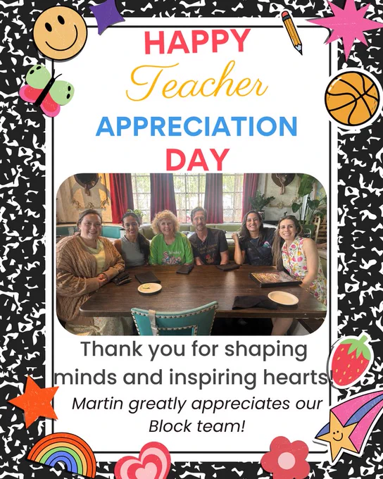 Text and photo of teachers with "Happy Teacher Appreciation Day" at top, "Thank you for shaping minds and inspiring hearts" below.