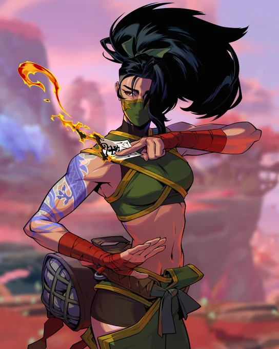 An illustration of Akali, ready to fight on the Spirit Hills stage. She holds a piece of paper as it goes up in flames. 