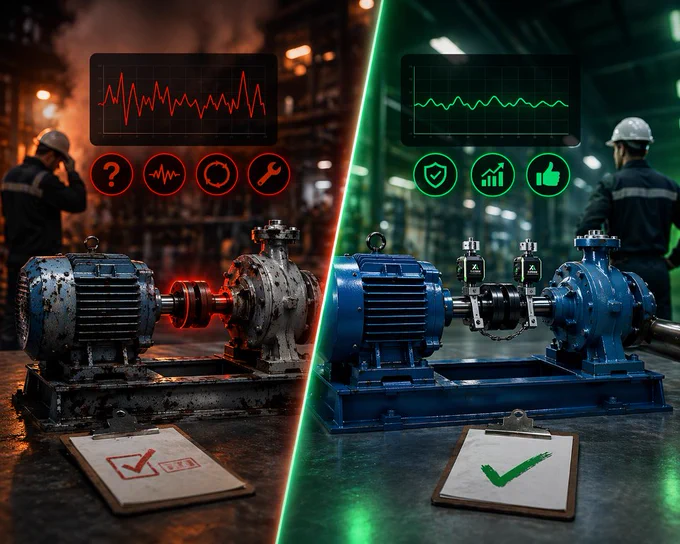 “Split scene showing a motor and pump before and after verification, with unstable red trend graphics on the left and stable green trend graphics on the right.”