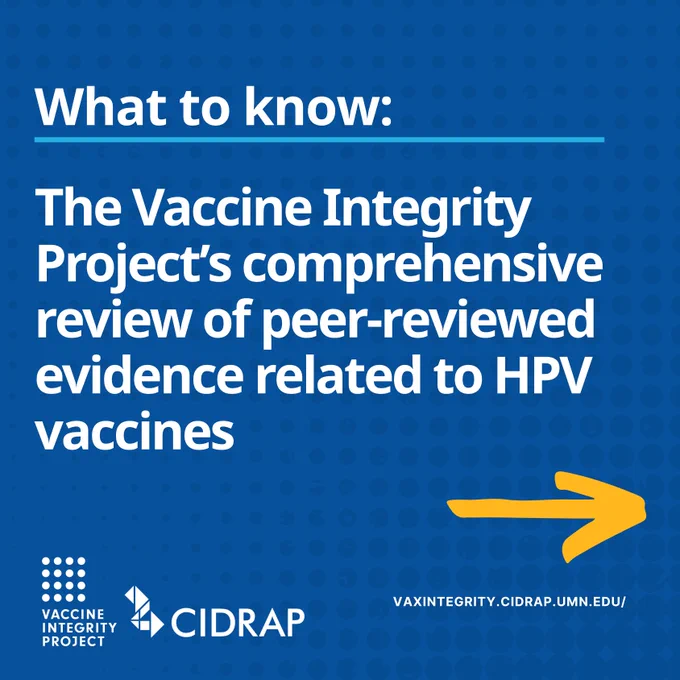Graphic with text that reads, "What to know: The Vaccine Integrity Project’s comprehensive review of peer-reviewed evidence related to HPV vaccines." a yellow arrow icon points to the next image. Vaccine Integrity Project and CIDRAP logos are in the bottom left corner. 
