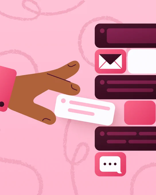 Illustration of a hand reaching toward a digital interface with message and email icons, suggesting interaction with notifications or communication apps on a pink background.
