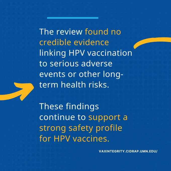 Graphic with text that reads, "The review found no credible evidence linking HPV vaccination to serious adverse events or other long-term health risks. 

These findings continue to support a strong safety profile for HPV vaccines." A portion of the arrow from the previous graphic is visible, with the tail of another arrow visible and pointing to the final graphic in the series. 