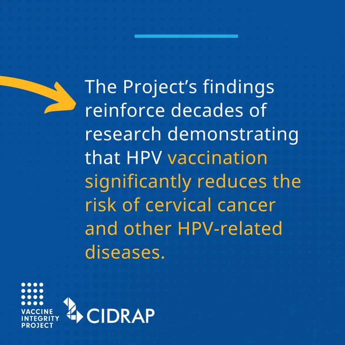 Graphic with text that reads, "The Project’s findings reinforce decades of research demonstrating that HPV vaccination significantly reduces the risk of cervical cancer and other HPV-related diseases."

A portion of an arrow is visible pointing towards the text. Logos for CIDRAP and VIP are in the lower left corner. 
