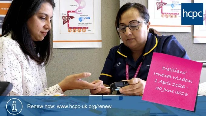 A dietitian professional in uniform checking a patient's blood sugar with a glucose meter during a consultation.