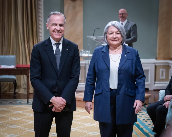 Prime Minister Carney stands with Her Excellency the Governor General Mary Simon at Rideau Hall in Ottawa, Ontario.