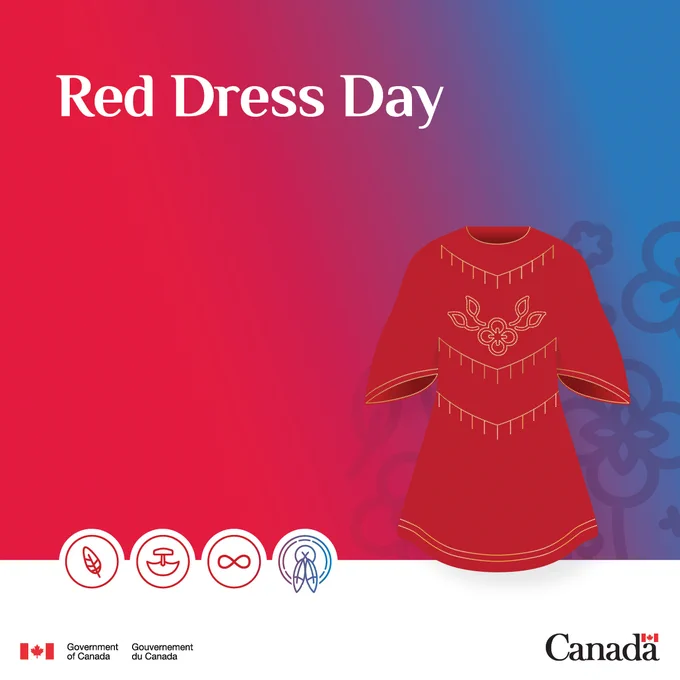 “Red Dress Day.” Graphic with a red‑to‑blue gradient background featuring a stylized red dress with decorative patterns on the right side of the image. A row of symbolic icons appears along the bottom, along with the logos of the Government of Canada.