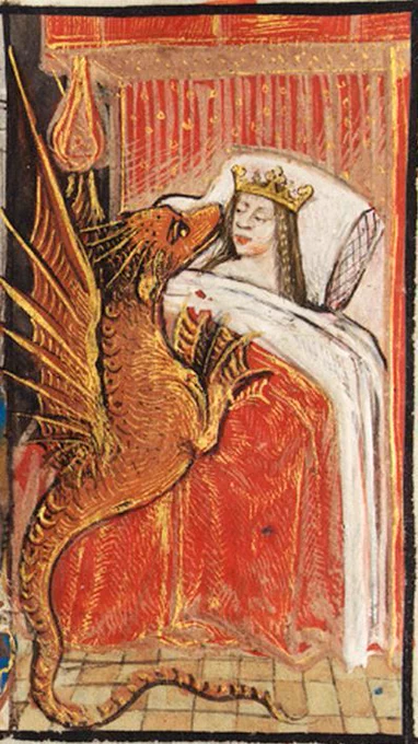 Medieval art of a dragon crawling into a woman's bed. 

Peniarth MS 481D – from National Library of Wales