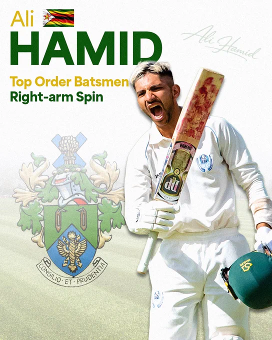 Halstead Cricket Club overseas player announcement graphic for Ali Hamid. A jubilant batsman in white cricket whites celebrates with his bat raised and mouth open in a roar, holding a green helmet at his side. Text reads: "Ali Hamid" with the Zimbabwe flag emoji, "Top Order Batsmen / Right-arm Spin." A stylised signature reading "Ali Hamid" appears in gold top right. The HCC coat of arms is displayed as a large watermark in the background. White background with dark green and gold typography.