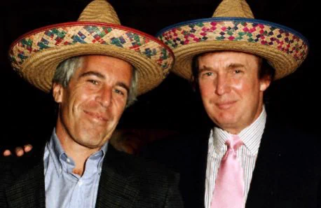 An image depicts Jeffrey Epstein and Donald Trump in sombreros.