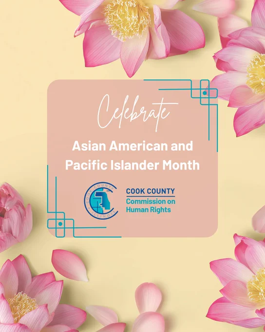 Celebrate Asian American and Pacific Islander Month. Pink florals decorate the background.