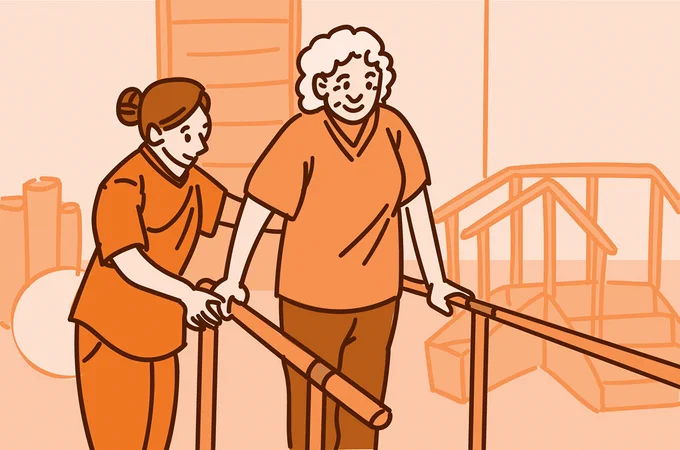 Illustration of a physical therapist assisting an older adult as they walk using parallel support bars. The older adult, smiling, holds the rail with both hands while being guided and supported at the arm by the therapist. The setting is a physical therapy space, with simple background elements suggesting exercise equipment.