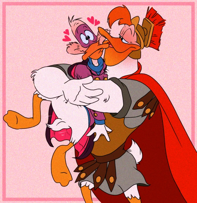 Launchpad, dressed as a Roman Centurion (ref is from DWD episode "Inherit the Wimp"), hugs Darkwing close.  Both are blushing and Drake's tail wags as he is lifted up into his sidekick's arms.