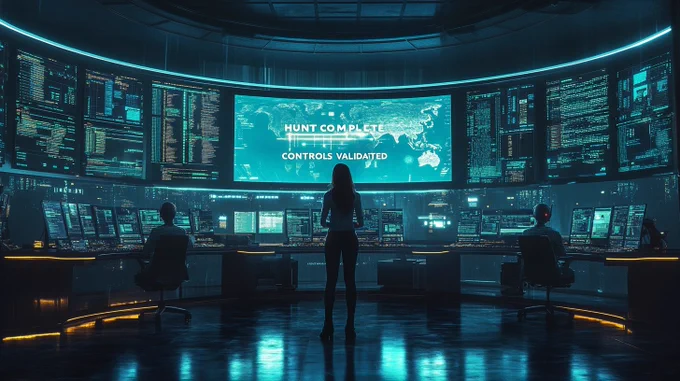 A person stands in a dark, futuristic control room filled with glowing monitors displaying data and code. A large central screen reads "Hunt Complete" and "Controls Validated," with a digital map in the background. The room has a high-tech, cybernetics feel.
