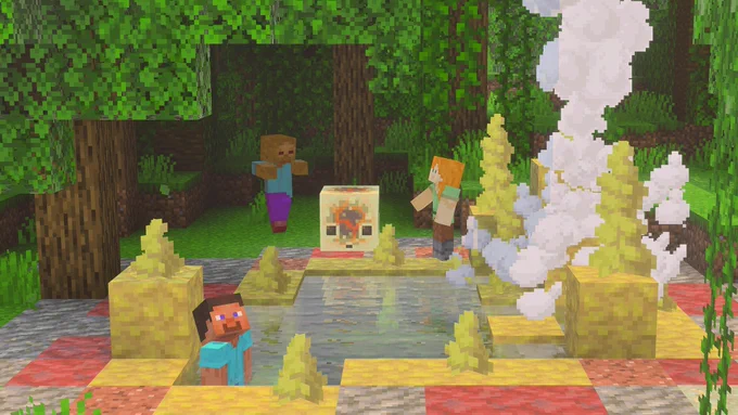 Imagen de Steve relajándose en los manantiales de azufre. Detrás, Alex golpea a un cubo de azufre con magma contra un zombi.