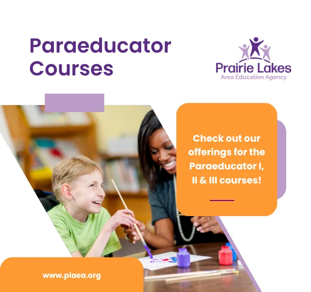 Child painting with a brush guided by an adult in a classroom setting promoting Paraeducator courses.