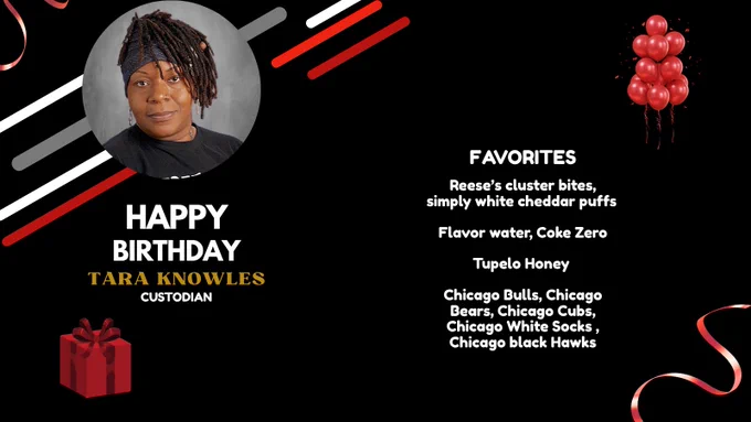 HAPPY BIRTHDAY, TARA KNOWLES! fAVORITES: Reese’s cluster bites, simply white cheddar puffs 

Flavor water, Coke Zero

Tupelo Honey 

Chicago Bulls, Chicago Bears, Chicago Cubs, Chicago White Socks , Chicago black Hawks