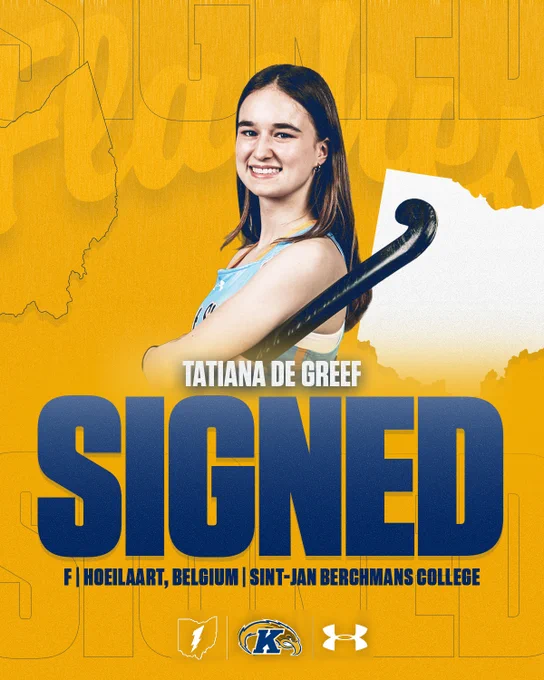 A person holding a hockey stick stands against a yellow background. The text reads, "Tatiana De Greef SIGNED" with details about their location in Hoeilaart, Belgium, and association with Sint-Jan Berchmans College. Logos include a stylized 'K' and an animal head.