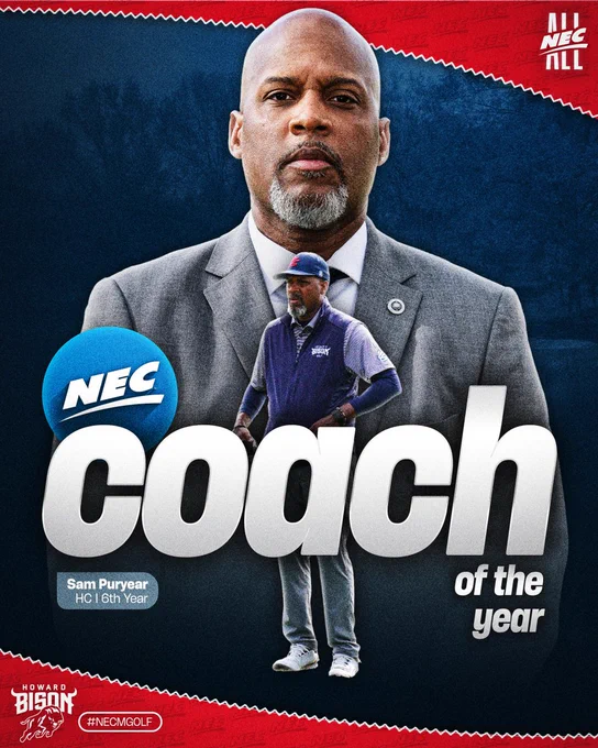 Howard's Sam Puryear is the 2026 NEC Men's Golf Coach of the Year