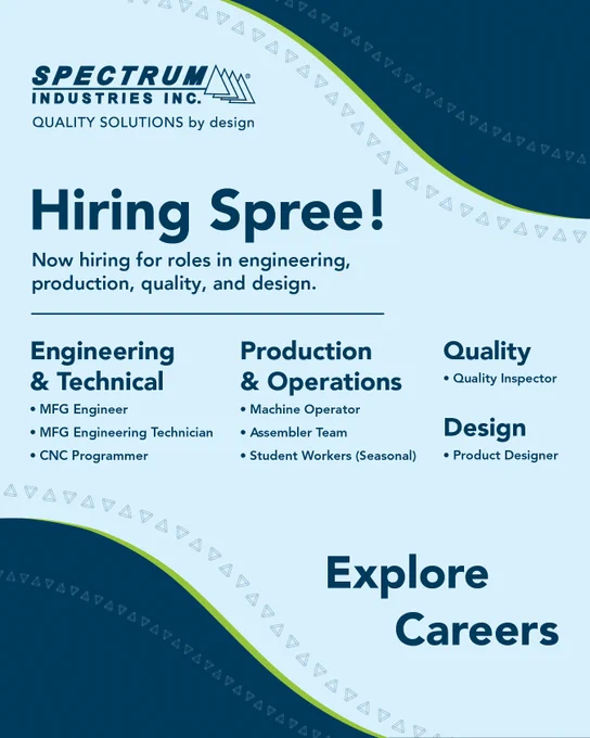 Hiring Spree graphic for Spectrum Industries Inc. listing open roles in engineering, production, quality, and design, with a call to explore careers.