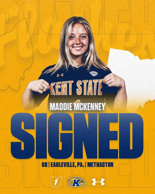 This image shows a smiling person wearing a "Kent State" shirt. The background features outlines of Ohio and Pennsylvania. Text on the image reads "Maddie McKenney Signed" with additional details: "GK, Eagleville, PA, Methacton.” The bottom includes logos for Kent State and the Mid-American Conference.