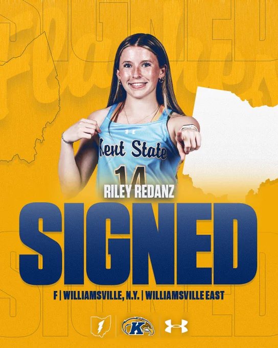 The image features an athlete in a blue Kent State uniform with the number 14, pointing forward. The background includes an outline of Ohio and the text "Riley Redanz Signed." Additional text reads "F | Williamsville, N.Y. | Williamsville East." Logos of Kent State and Under Armour are visible.