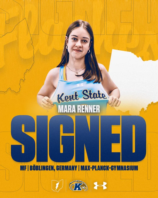A person wearing a Kent State tank top poses confidently. The backdrop is bright orange with outlines and the word "SIGNED" in bold letters. Text includes "Mara Renner," "MF," "Böblingen, Germany," and "Max-Planck-Gymnasium." Icons for Kent State and its mascot are visible.